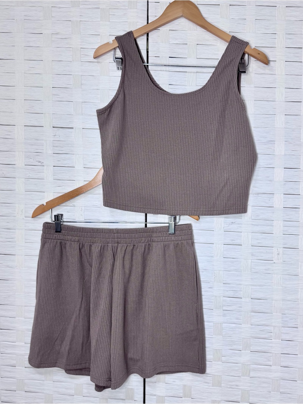 Trendy Queen Mocha Ribbed 2 Piece Lounge Tank & Short Set Summer Beach Size L